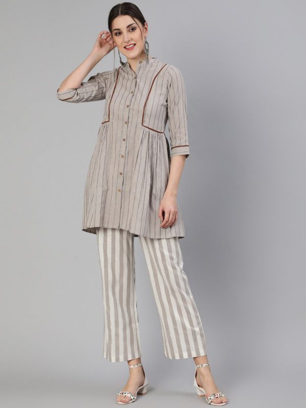 Jaipur Kurti Women Grey Striped Co-Ords Online Hot Sale