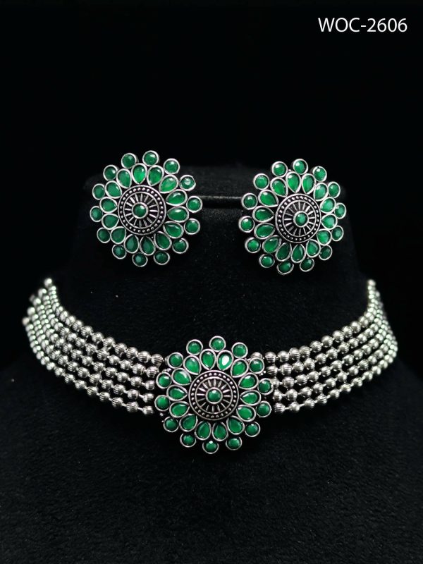 Mominos Fashion Johar Kamal Oxidised Silver-Plated Brass Finish Kundan Choker For Women (Green) For Discount