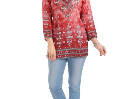 Snehal Creations Rustic Rust Faux Crepe Printed Short Kurti Tunic Top For Sale