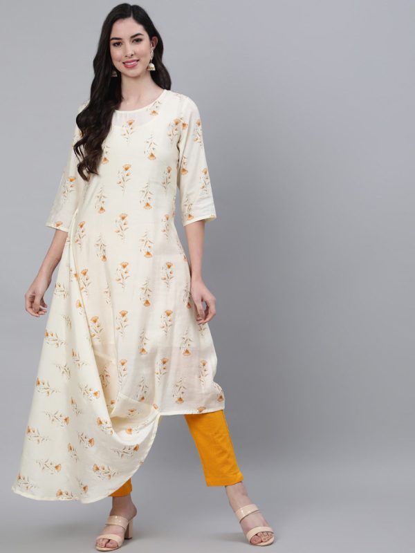 Jaipur Kurti Women Mustard Yellow Floral Embellished Flared Sleeves Chanderi Silk Chanderi Silk Kurta For Cheap