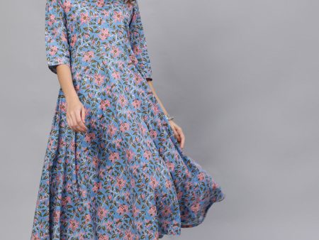 Jaipur Kurti Women Blue Floral Printed Cotton Anarkali Kurta Hot on Sale