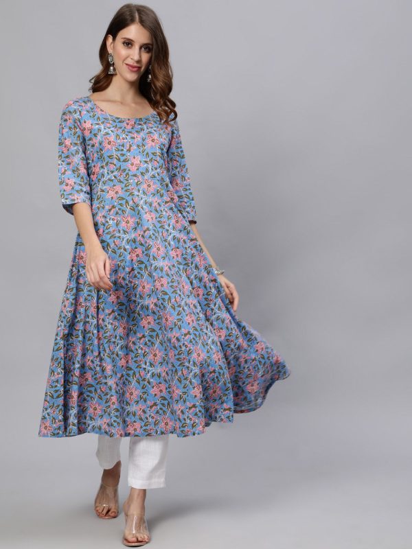 Jaipur Kurti Women Blue Floral Printed Cotton Anarkali Kurta Hot on Sale