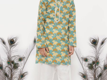 Little Bansi Boys Cotton Bird Print Kurta with Pearl Buttons & Pyjama -Blue & Cream Online Hot Sale