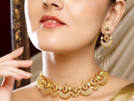 Rubans 24K Gold-Plated Zircon Studded Temple Necklace Set Online