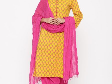 Jaipur Kurti Women Yellow & Pink Floral Printed Kurta with Salwar & Dupatta on Sale