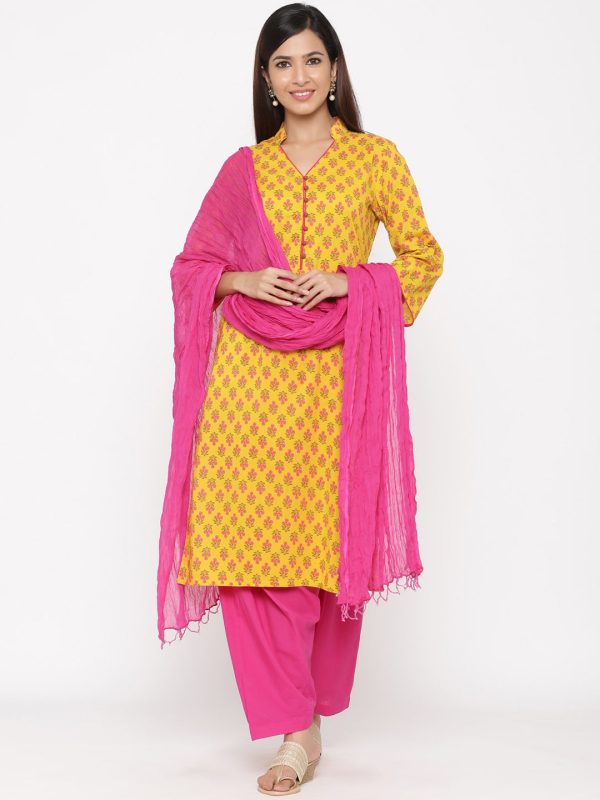 Jaipur Kurti Women Yellow & Pink Floral Printed Kurta with Salwar & Dupatta on Sale