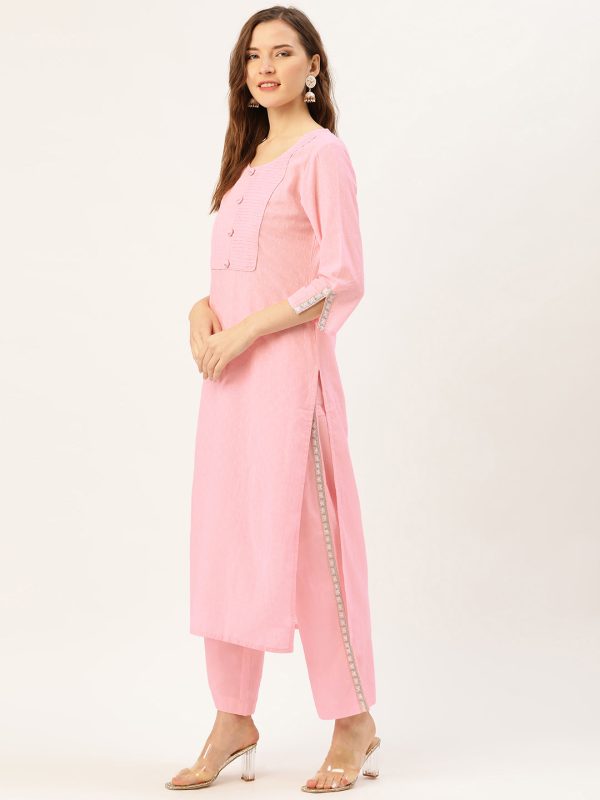 Jaipur Kurti Women Pink & Grey Dobby Weave Kurta with Palazzos & Dupatta Fashion