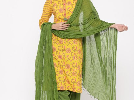 Jaipur Kurti Women Yellow Ethnic Motifs Printed Regular Pure Cotton Kurta with Salwar & With Dupatta Fashion