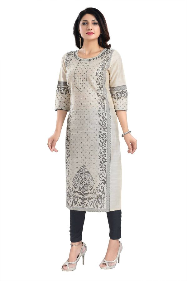 Snehal Creations Cream Raw Silk Block Print Long Kurta For Women Fashion