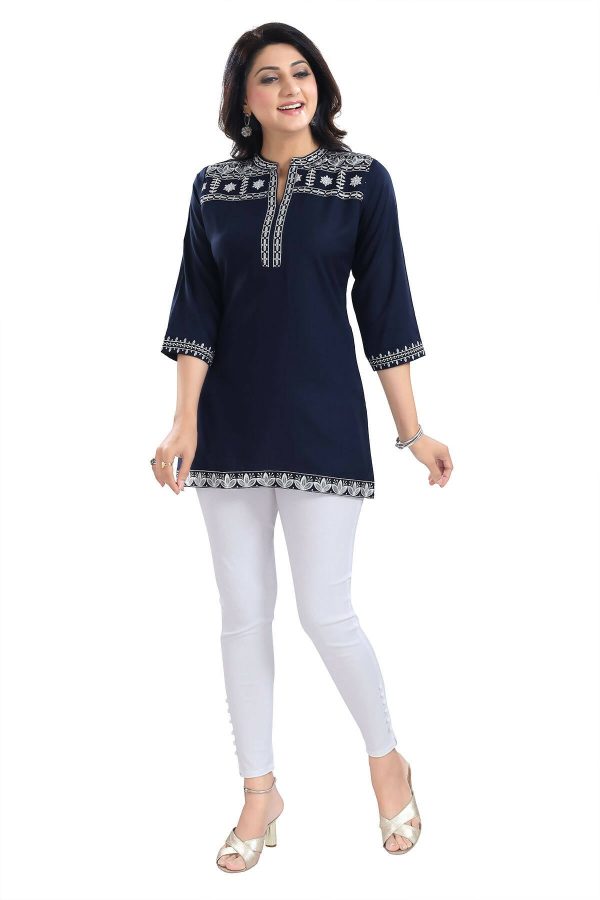 Snehal Creations Novel Navy Blue Women Embroidered Boho Chic Tunic Top Online