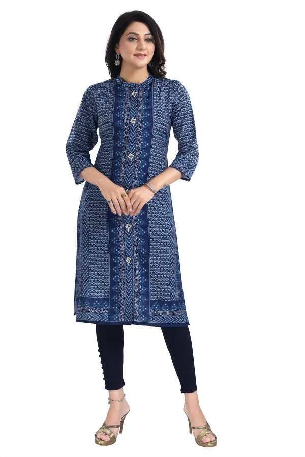 Snehal Creations Blue Designer Digital Print Cotton Slub Fabric Long Kurti Tunic For Sale