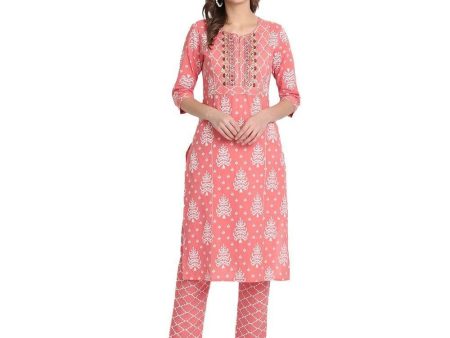 Anubhutee Women s Cotton Regular Ethnic Motifs Printed Pink Kurta With Trousers Online Sale