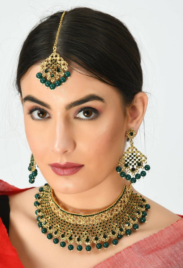 Mominos Fashion Johar Kamal Traditional Rajwadi Design Heavy Golden Green Color Necklace Set Online now