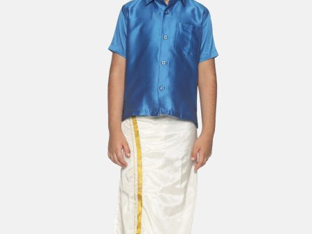 Sethukrishna Boys Blue & White Shirt with Veshti Set (GENIE-67846) Online Sale