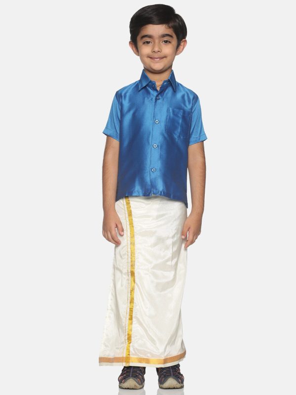 Sethukrishna Boys Blue & White Shirt with Veshti Set (GENIE-67846) Online Sale