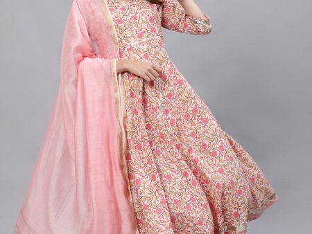 Jaipur Kurti Women Pink Floral Gotta Patti Pure Cotton Kurta with Trousers & Dupatta Hot on Sale