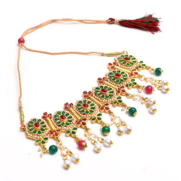 Mominos Fashion Johar Kamal Women Gold-Plated Brass Finish Meena & Pearls Work Choker Online Sale