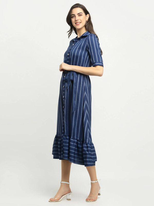 Rudra Bazaar Blue A-Line Striped Kurta Online Sale