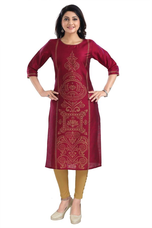 Snehal Creations Majenta Raw Silk Block Print Long Kurta For Women Hot on Sale