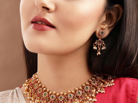 Rubans 24K Gold-Plated Handcrafted Red & Green Stone Studded Temple Necklace Set For Sale