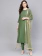 Jaipur Kurti Women Green & Golden Yoke Design Handloom Kurta with Trousers & Dupatta Online Sale