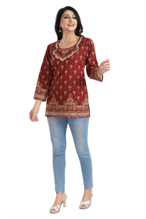 Snehal Creations Magical Maroon Printed Short Kurti Tunic Top For Discount