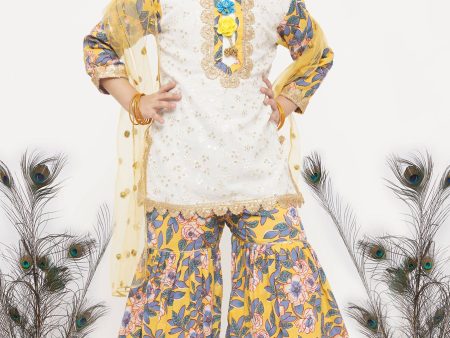 Little Bansi Girls Cotton Embroidery Kurta with Floral Sharara & Dupatta - White & Yellow Discount