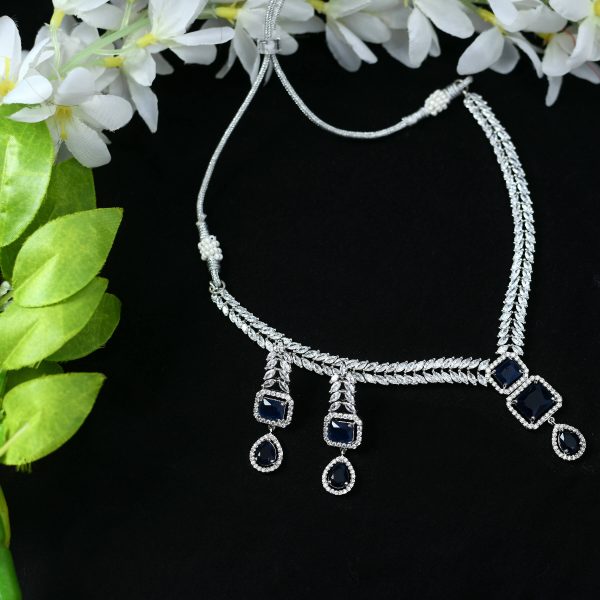 Mominos Fashion Johar Kamal Silver-Plated American Diamond Navy Blue Choker Set on Sale