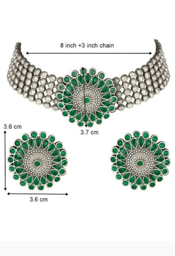 Mominos Fashion Johar Kamal Oxidised Silver-Plated Brass Finish Kundan Choker For Women (Green) For Discount