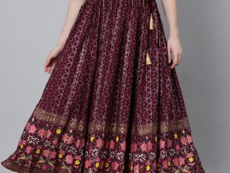 Jaipur Kurti Women Burgundy & Pink Printed Maxi Flared Maxi Skirt Cheap