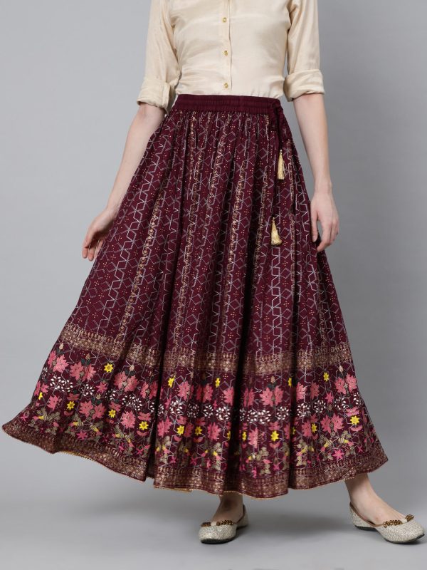 Jaipur Kurti Women Burgundy & Pink Printed Maxi Flared Maxi Skirt Cheap