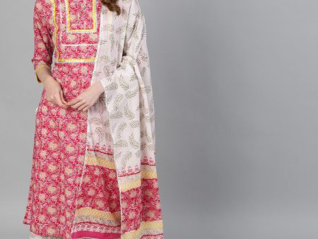 Jaipur Kurti Women Pink & Cream-Coloured Printed Kurta with Trousers & Dupatta Online Hot Sale