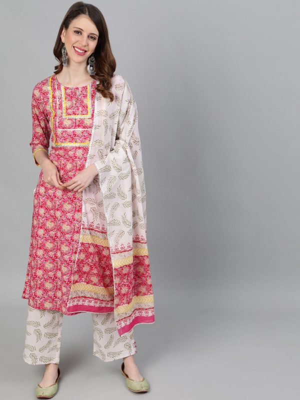 Jaipur Kurti Women Pink & Cream-Coloured Printed Kurta with Trousers & Dupatta Online Hot Sale