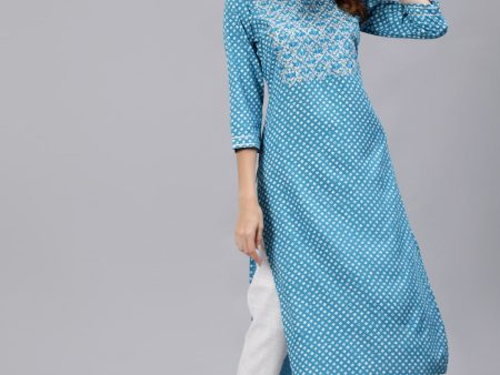 Jaipur Kurti Women Blue & White Floral Printed Kurta Hot on Sale