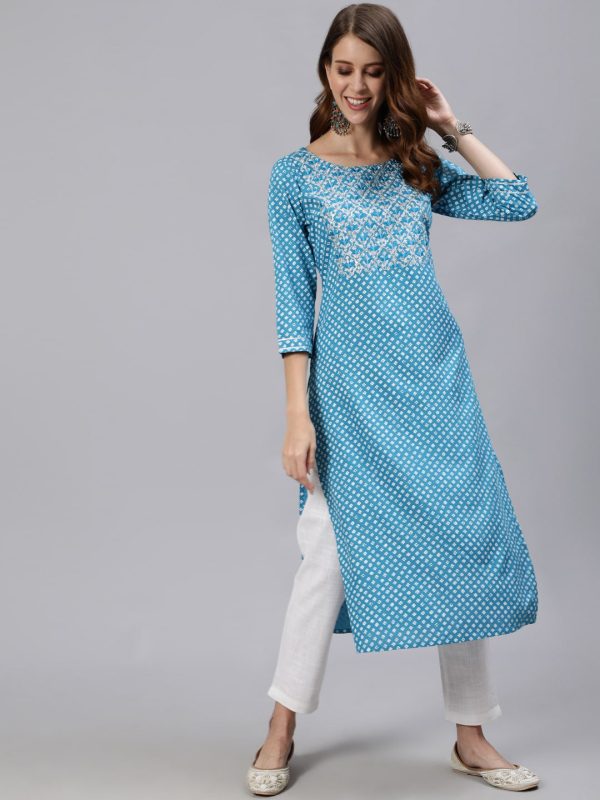 Jaipur Kurti Women Blue & White Floral Printed Kurta Hot on Sale