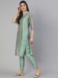 Jaipur Kurti Women Sea Green Floral Angrakha Chanderi Cotton Kurta with Trousers Cheap