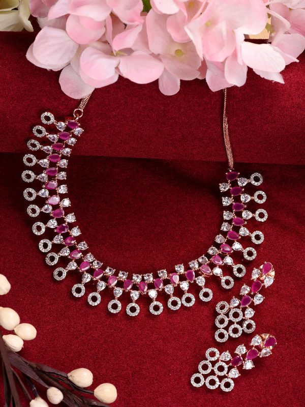 Saraf RS Jewellery Rose Gold-Plated Red AD-Studded Jewellery Set For Sale