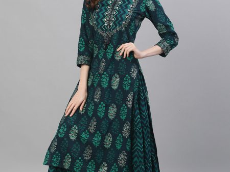 Ishin Women Navy Blue Printed Kurta with Skirt For Discount