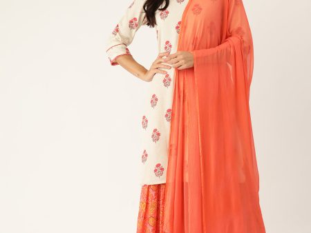 Jaipur Kurti Women Off-White & Peach-Coloured Printed Kurta with Sharara & Dupatta For Cheap