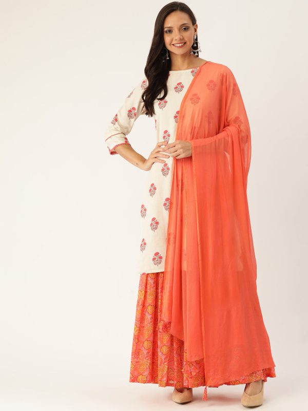 Jaipur Kurti Women Off-White & Peach-Coloured Printed Kurta with Sharara & Dupatta For Cheap