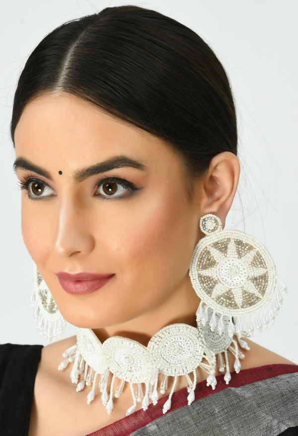 Mominos Fashion Johar Kamal Handicraft Off White Golden Pearls Necklace with Earrings For Women Online now