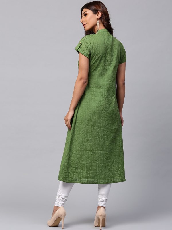 Jaipur Kurti Women Green Self-Striped A-Line Kurta Online now