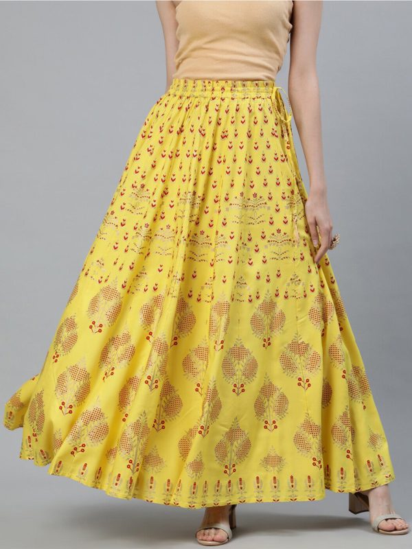 Jaipur Kurti Yellow & Red Printed Flared Women Maxi Skirt For Cheap