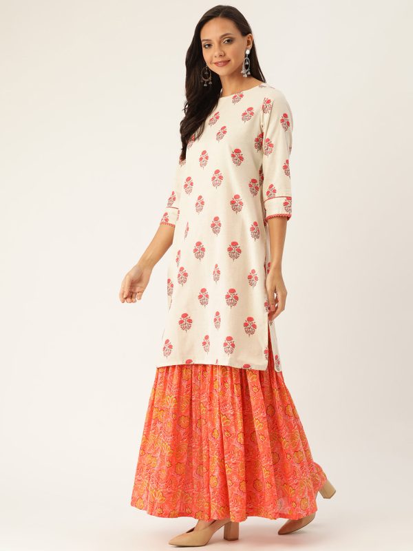 Jaipur Kurti Women Off-White & Peach-Coloured Printed Kurta with Sharara & Dupatta For Cheap