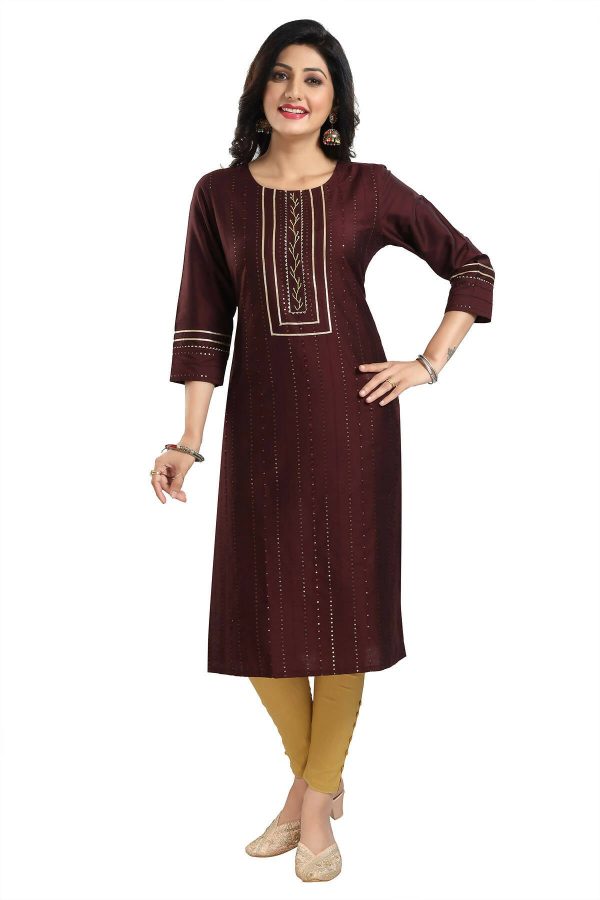 Snehal Creations Beautiful Brown Cotton Silk Designer Long Kurti Tunic With Sequines Embroidery Fashion