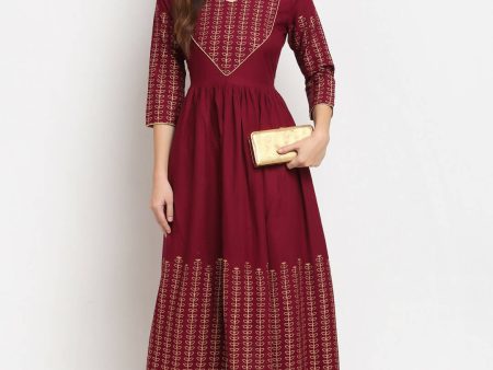 Rudra bazaar Gold Printed A-line flared Maroon Kurti Online