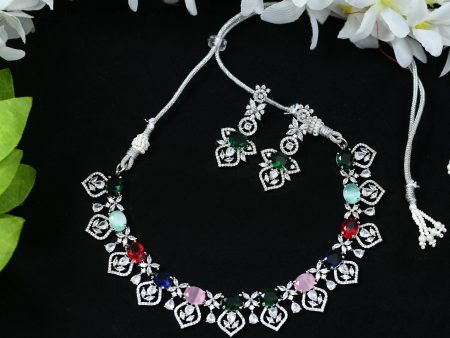 Mominos Fashion Johar Kamal Silver-Plated American Diamond Multi Colour Choker Set For Sale