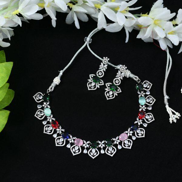 Mominos Fashion Johar Kamal Silver-Plated American Diamond Multi Colour Choker Set For Sale