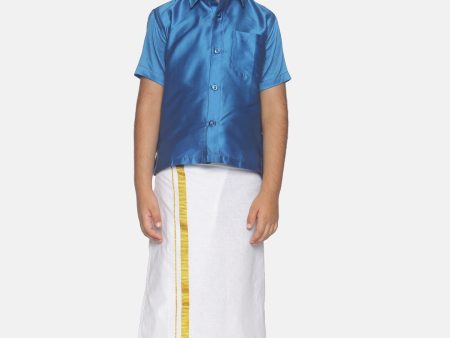 Sethukrishna Blue & White Solid Shirt and Veshti Set For Boys Online Hot Sale