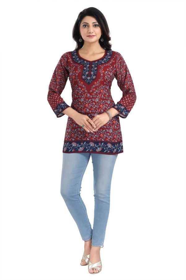 Snehal Creations Magical Maroon Summer Cool Printed Short Kurti Tunic Top For Sale